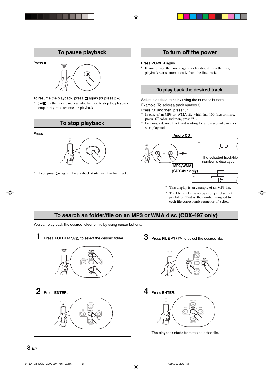 To pause playback, To stop playback, To turn off the power | To play back the desired track | Yamaha CDX-497 User Manual | Page 10 / 228