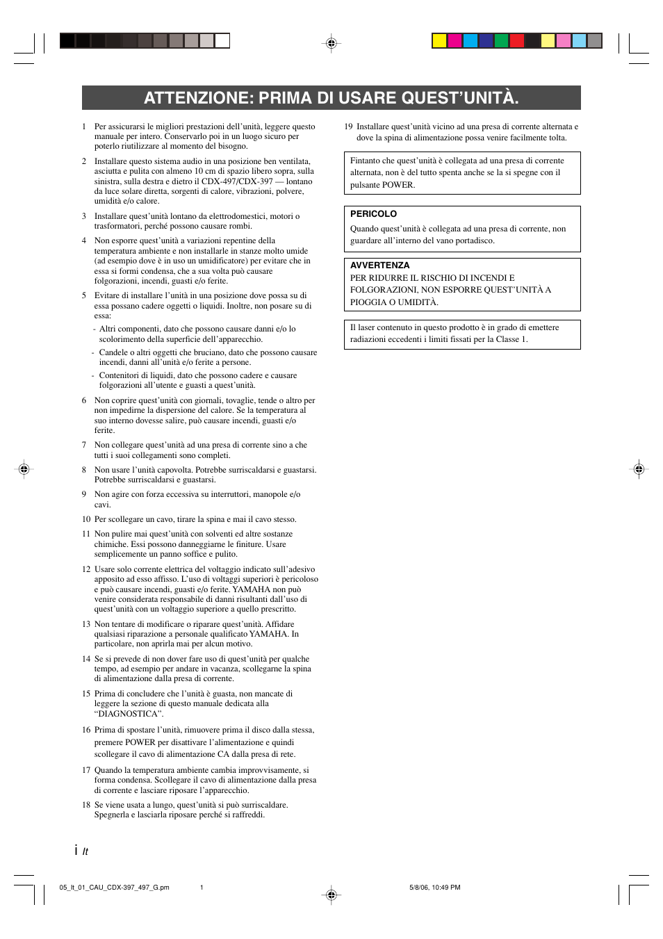 Italiano, Attenzione: prima di usare quest’unità | Yamaha CDX-497 User Manual | Page 102 / 228