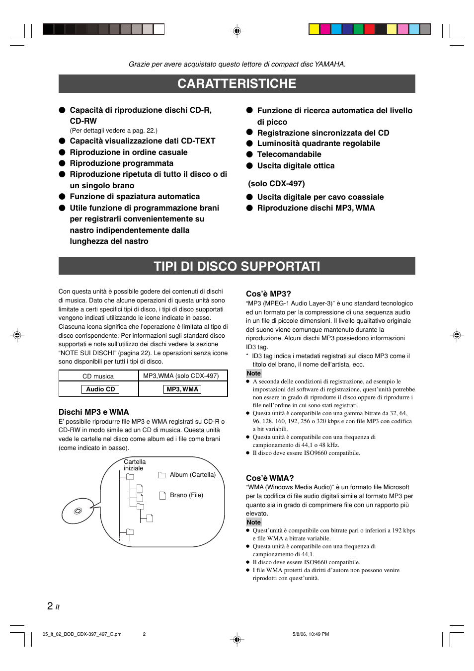 Caratteristiche, Tipi di disco supportati | Yamaha CDX-497 User Manual | Page 104 / 228