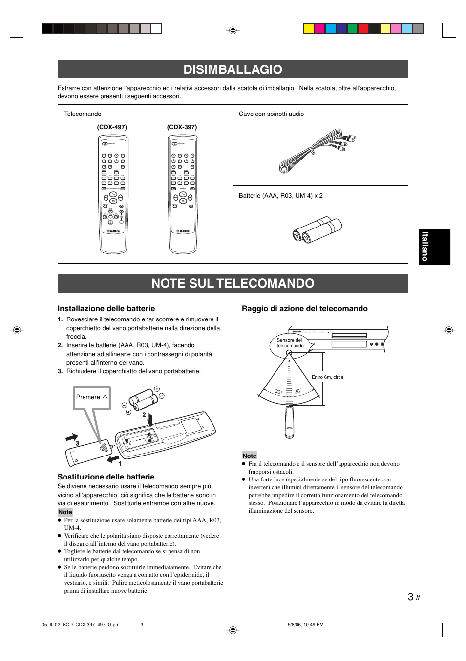 Disimballagio, Note sul telecomando, Italiano | Installazione delle batterie, Sostituzione delle batterie, Raggio di azione del telecomando, Cdx-397), Premere, Cdx-497) | Yamaha CDX-497 User Manual | Page 105 / 228