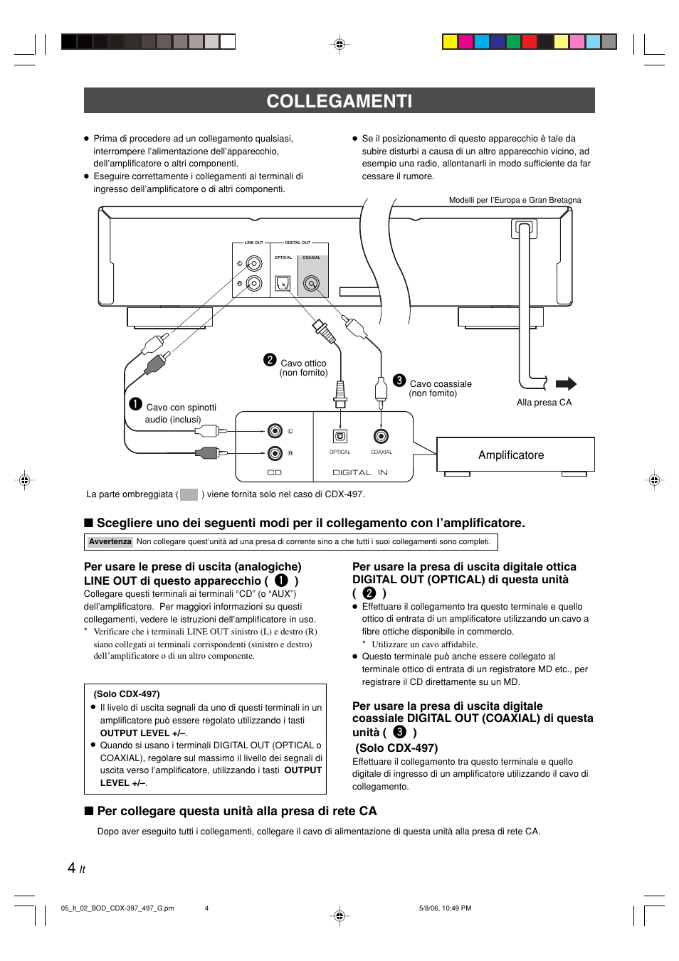 Collegamenti, Per collegare questa unità alla presa di rete ca | Yamaha CDX-497 User Manual | Page 106 / 228