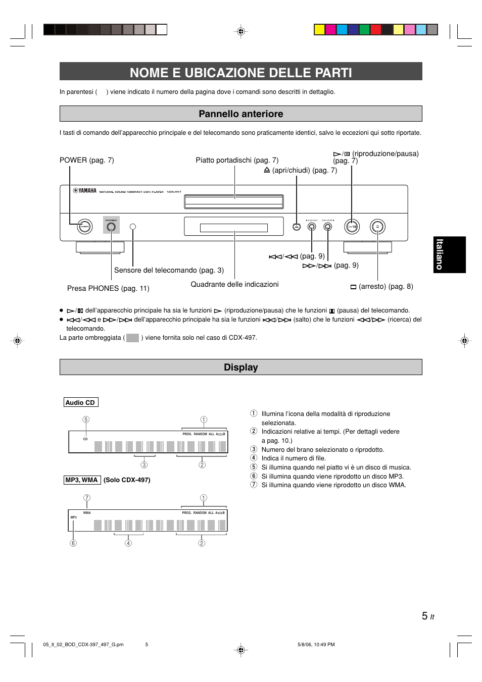 Nome e ubicazione delle parti, Pannello anteriore, Display | Pannello anteriore display, Italiano | Yamaha CDX-497 User Manual | Page 107 / 228