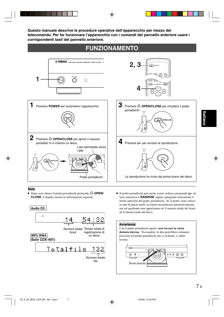 Funzionamento, Italiano | Yamaha CDX-497 User Manual | Page 109 / 228