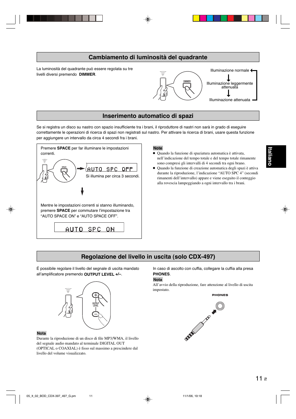 Cambiamento di luminosità del quadrante, Inserimento automatico di spazi, Regolazione del livello in uscita (solo cdx-497) | Italiano | Yamaha CDX-497 User Manual | Page 113 / 228