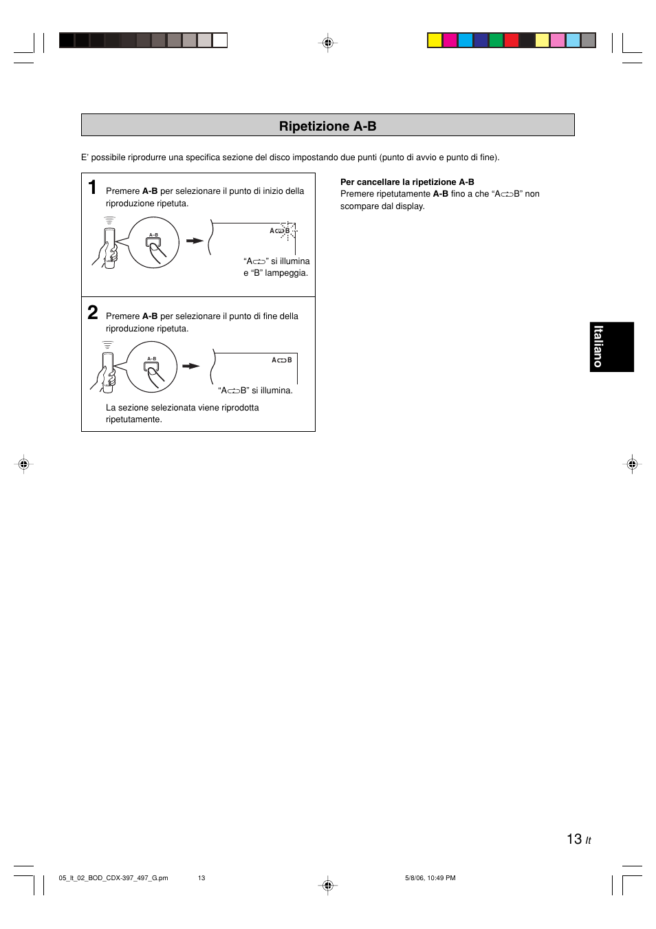 Ripetizione a-b, Italiano | Yamaha CDX-497 User Manual | Page 115 / 228