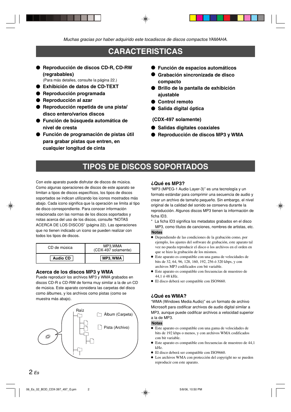 Caracteristicas, Tipos de discos soportados | Yamaha CDX-497 User Manual | Page 129 / 228