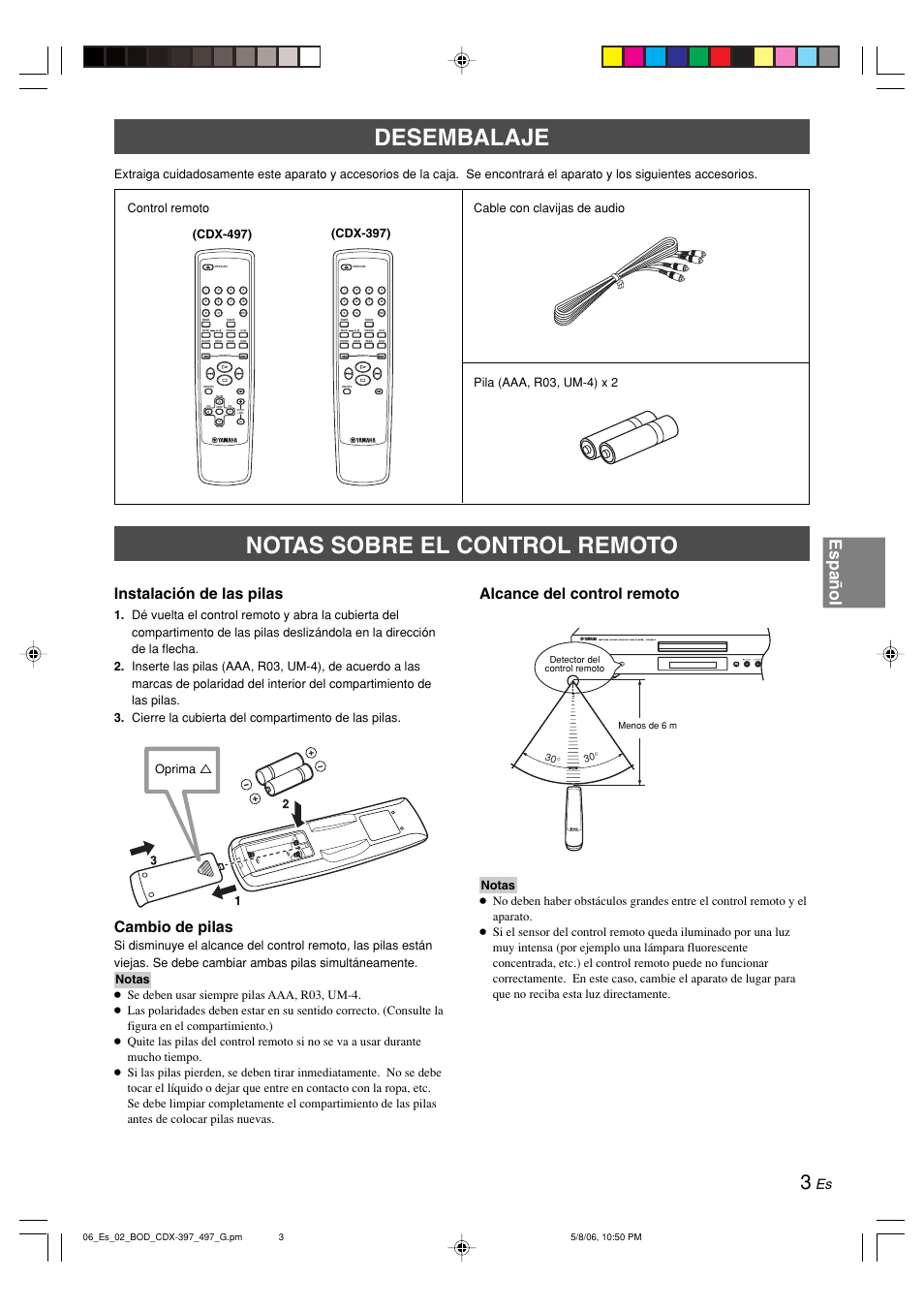 Desembalaje, Notas sobre el control remoto, Desembalaje notas sobre el control remoto | Español, Instalación de las pilas, Cambio de pilas, Alcance del control remoto, Cdx-397), Oprima, Cdx-497) | Yamaha CDX-497 User Manual | Page 130 / 228