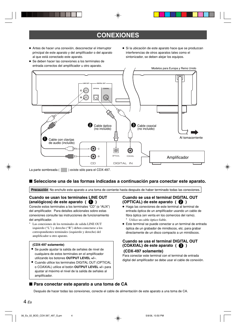 Conexiones, Para conectar este aparato a una toma de ca | Yamaha CDX-497 User Manual | Page 131 / 228
