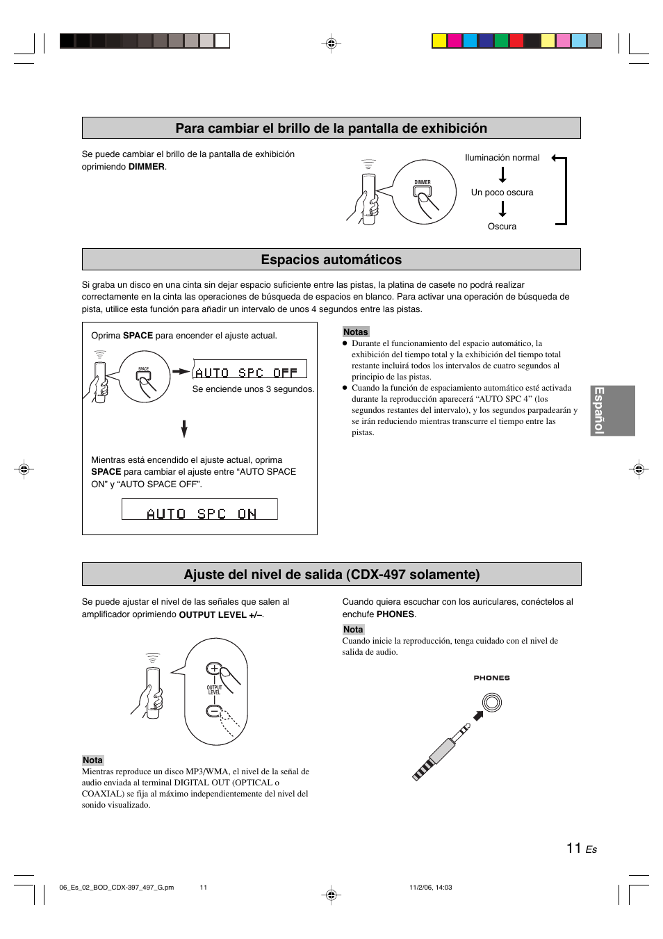 Espacios automáticos, Ajuste del nivel de salida (cdx-497 solamente), Español | Yamaha CDX-497 User Manual | Page 138 / 228