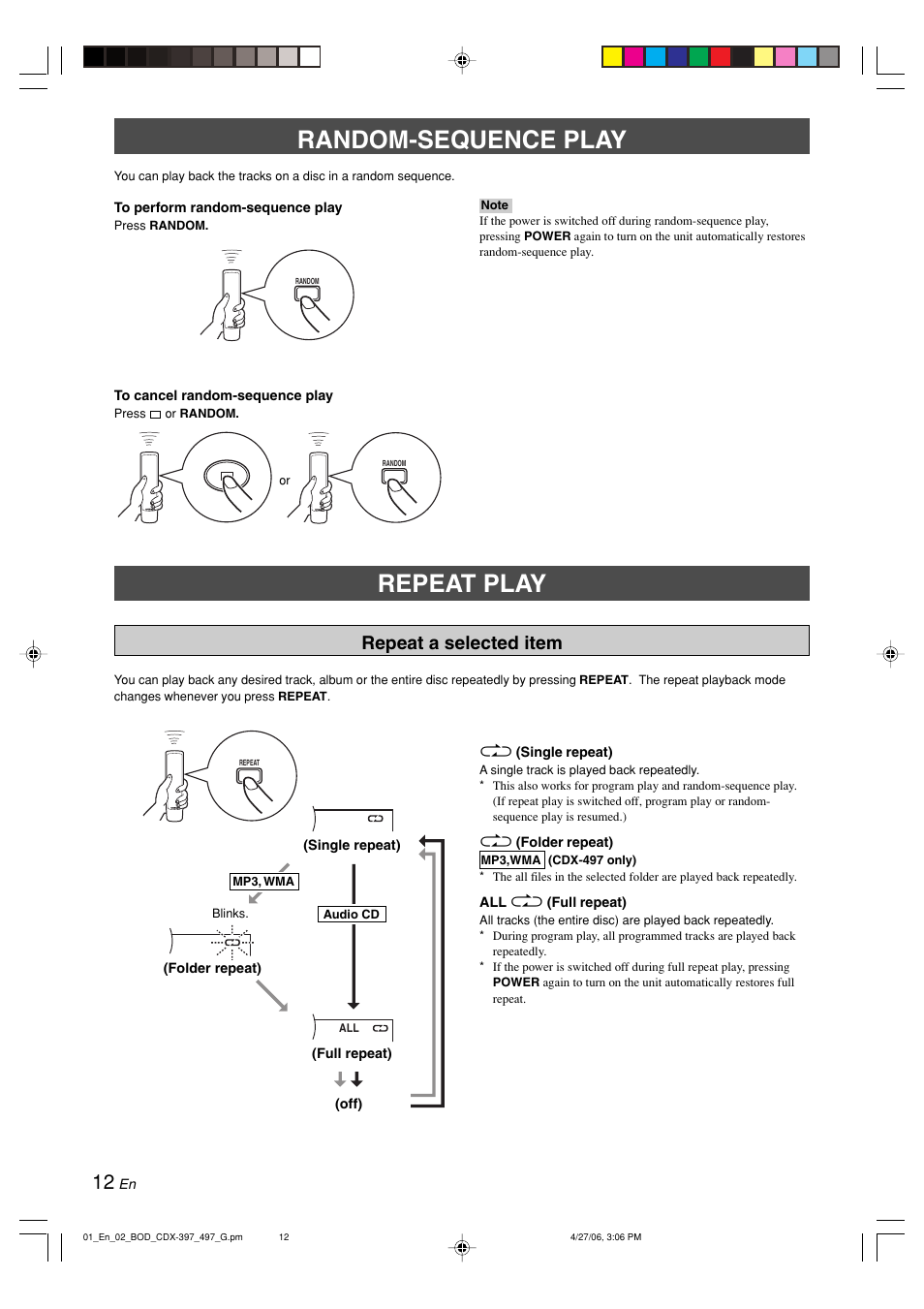 Random-sequence play, Repeat play, Repeat a selected item | Yamaha CDX-497 User Manual | Page 14 / 228