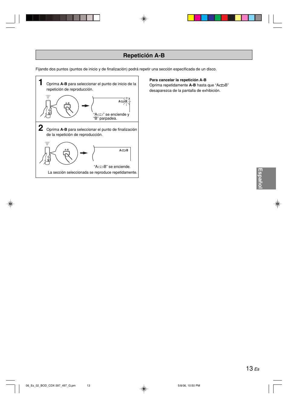 Repetición a-b, Español | Yamaha CDX-497 User Manual | Page 140 / 228