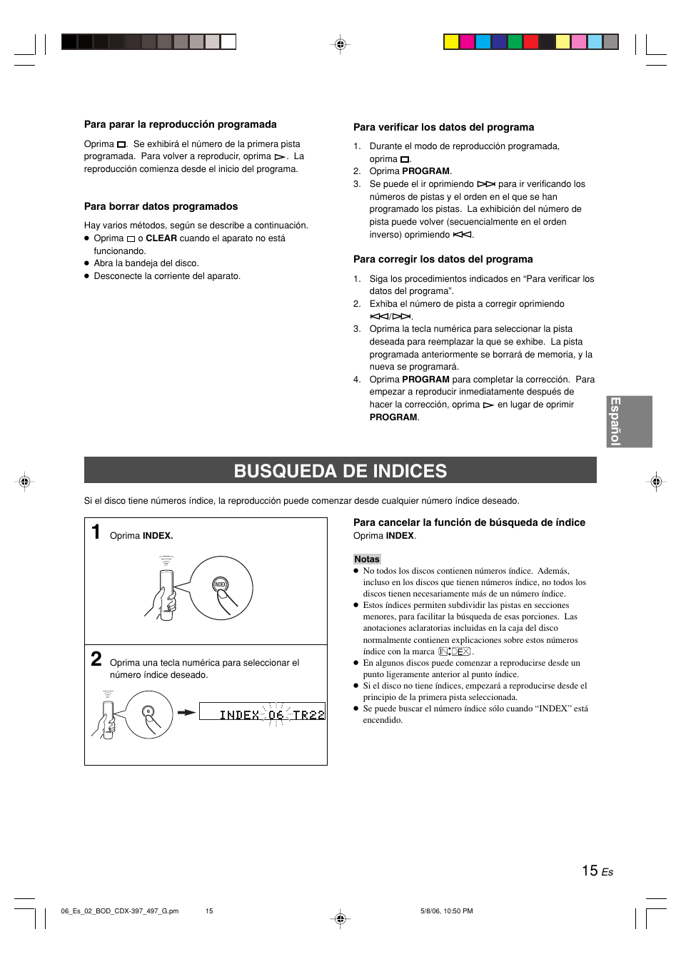 Busqueda de indices, Español | Yamaha CDX-497 User Manual | Page 142 / 228
