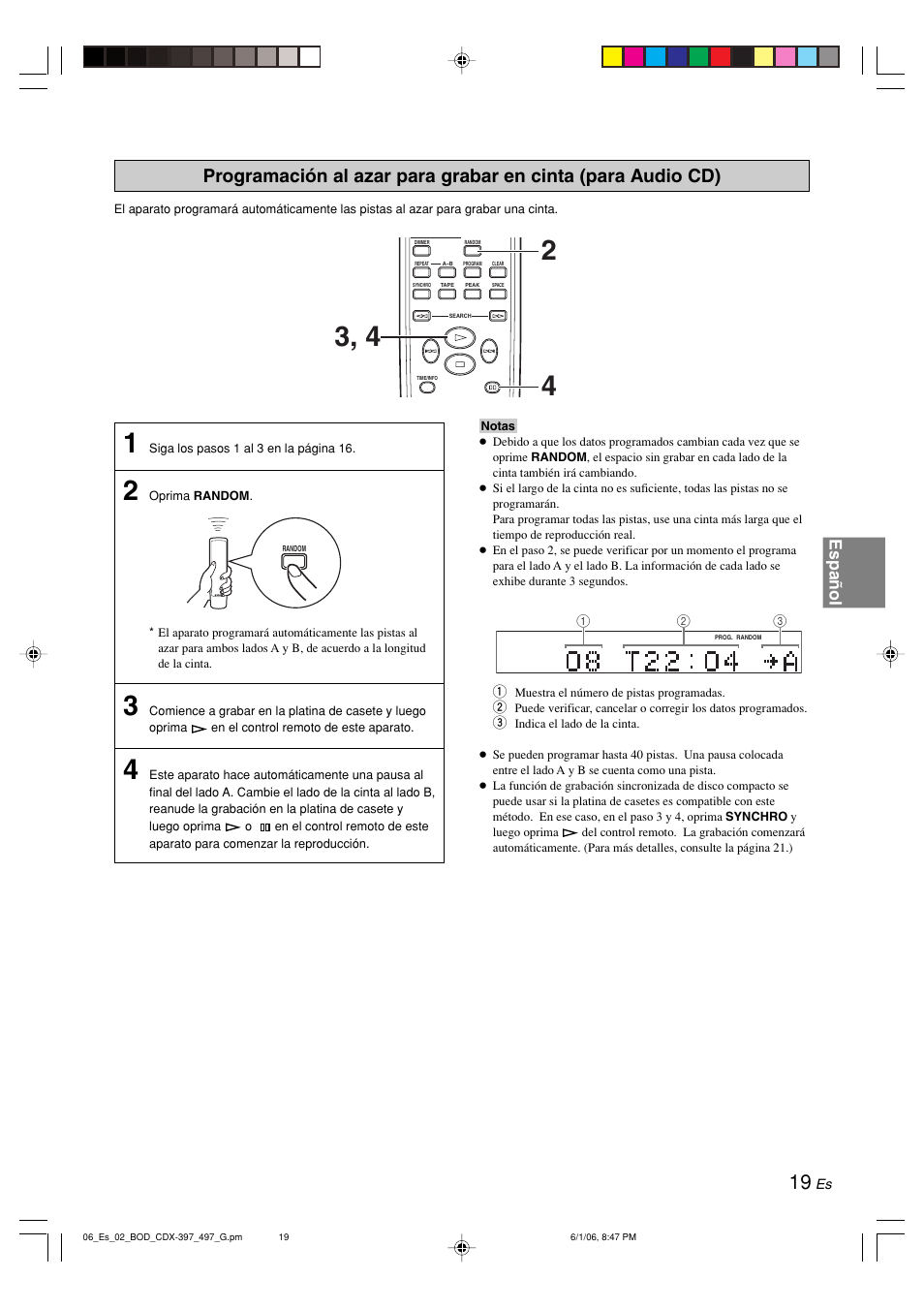 Programación al azar para grabar en cinta, Español | Yamaha CDX-497 User Manual | Page 146 / 228