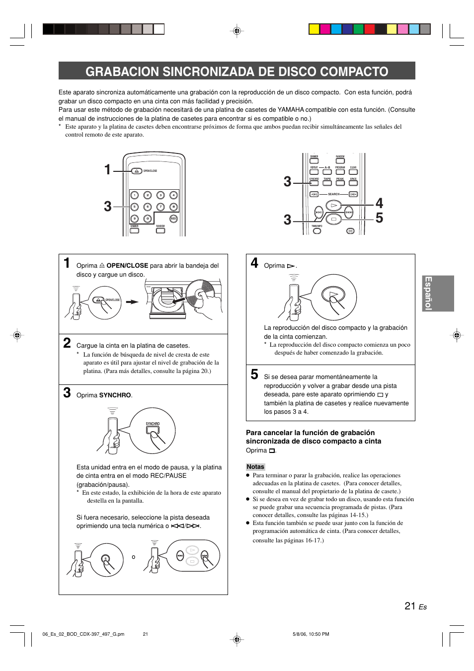 Grabacion sincronizada de disco compacto, Español | Yamaha CDX-497 User Manual | Page 148 / 228