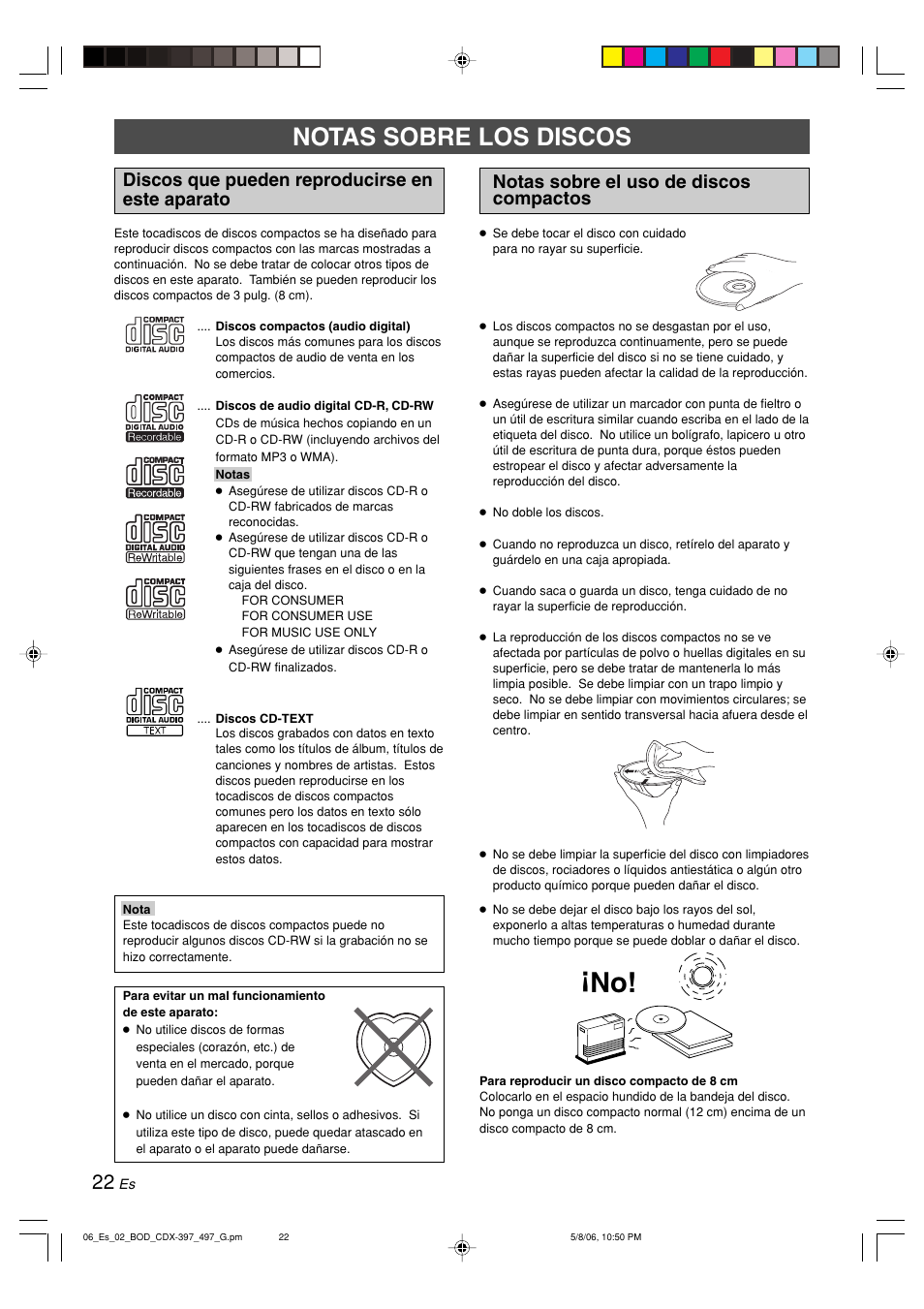Notas sobre los discos, Discos que pueden reproducirse en este aparato, Notas sobre el uso de discos compactos | Yamaha CDX-497 User Manual | Page 149 / 228