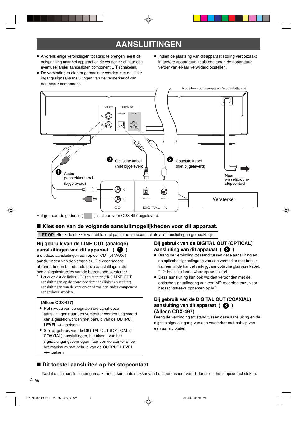 Aansluitingen, Dit toestel aansluiten op het stopcontact | Yamaha CDX-497 User Manual | Page 156 / 228