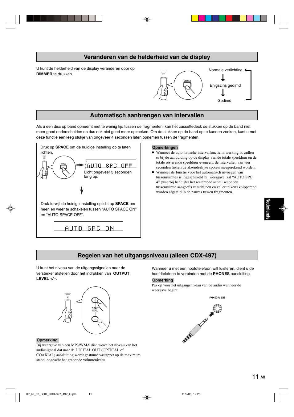 Veranderen van de helderheid van de display, Automatisch aanbrengen van intervallen, Regelen van het uitgangsniveau (alleen cdx-497) | English, Nederlands | Yamaha CDX-497 User Manual | Page 163 / 228