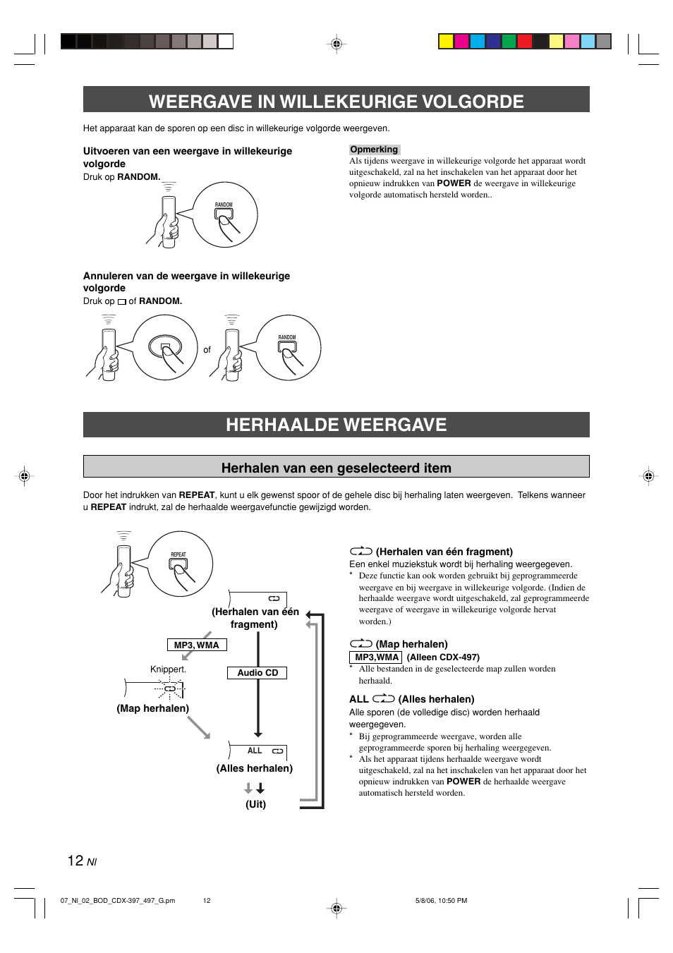 Weergave in willekeurige volgorde, Herhaalde weergave, Herhalen van een geselecteerd item | Yamaha CDX-497 User Manual | Page 164 / 228