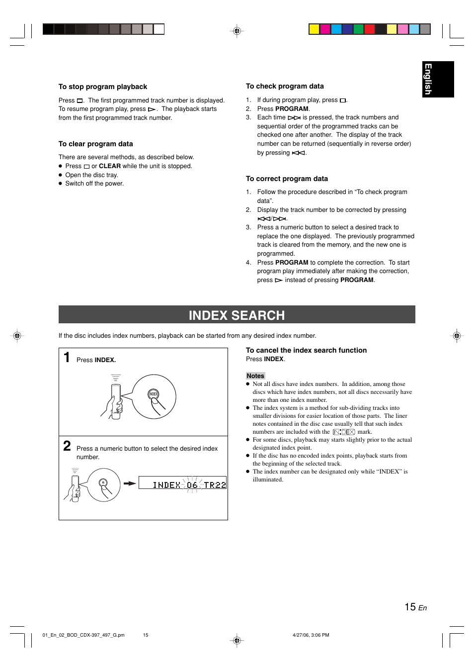 Index search, English | Yamaha CDX-497 User Manual | Page 17 / 228