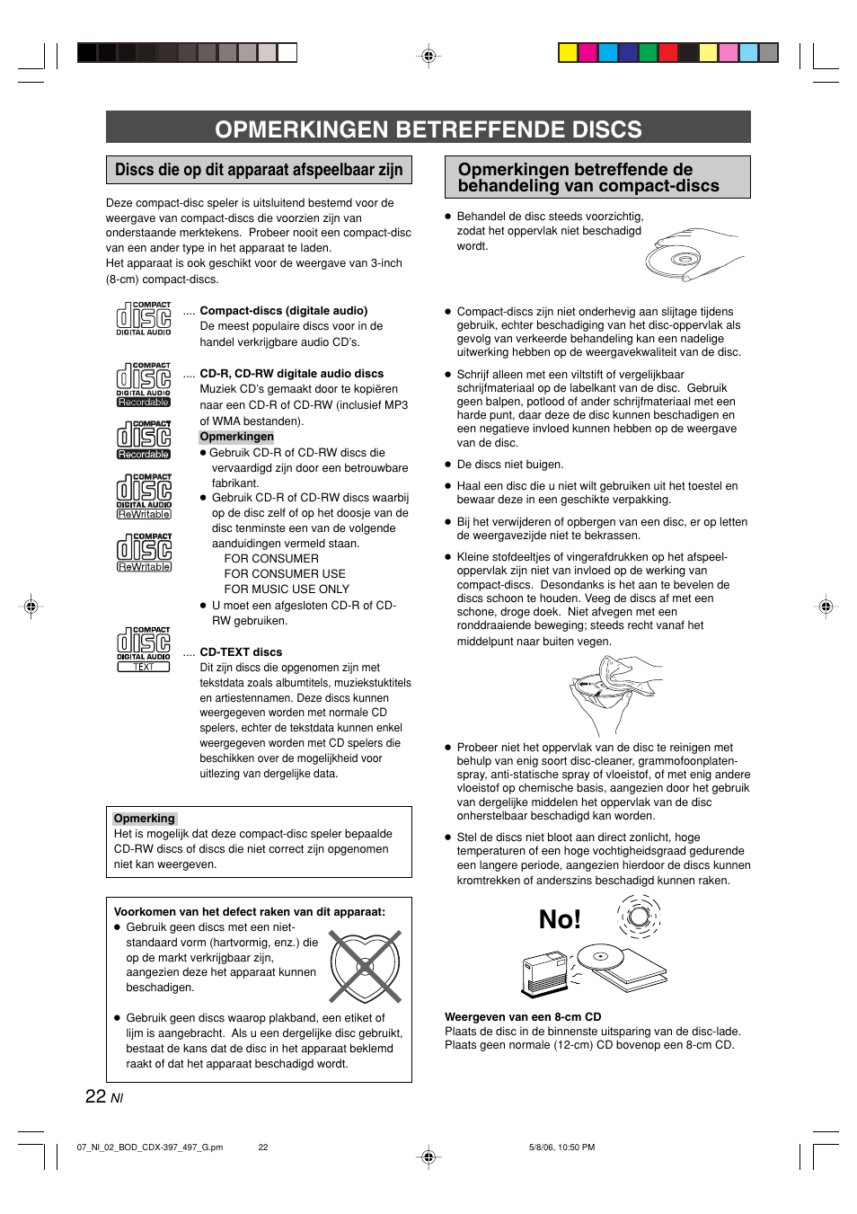 Opmerkingen betreffende discs, Discs die op dit apparaat afspeelbaar zijn | Yamaha CDX-497 User Manual | Page 174 / 228