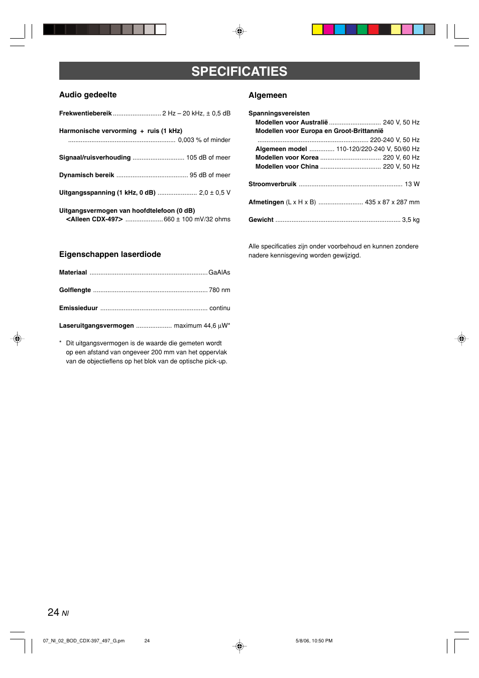 Specificaties | Yamaha CDX-497 User Manual | Page 176 / 228