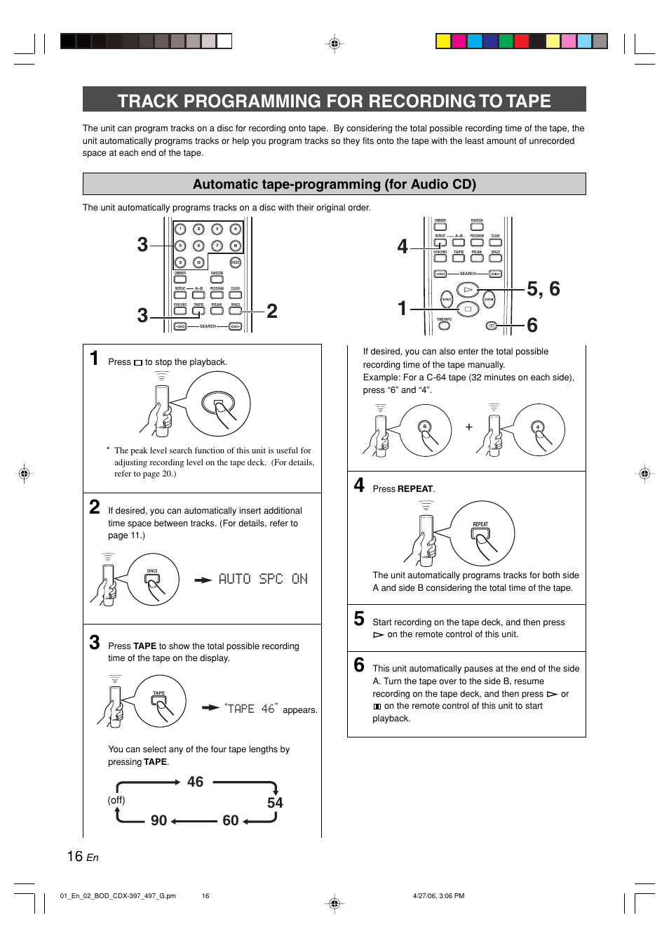 Track programming for recording to tape, Automatic tape-programming (for audio cd), Tape 46 | Yamaha CDX-497 User Manual | Page 18 / 228