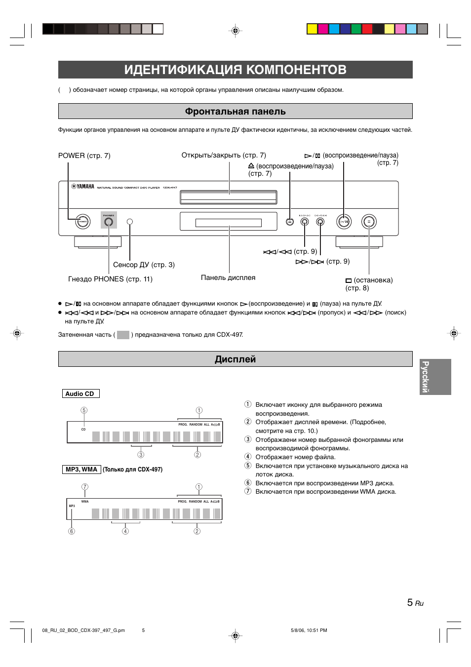 Идентификация komпohehtob, Фронтальная панель, Дисплей | Фронтальная панель дисплей, Py cc kий | Yamaha CDX-497 User Manual | Page 182 / 228
