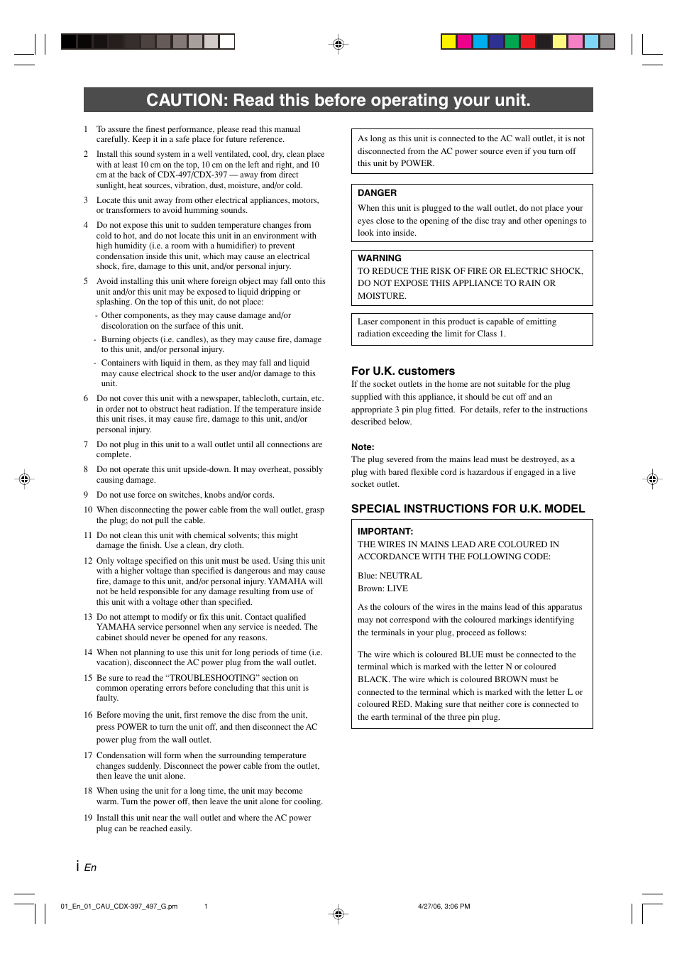 English, Caution: read this before operating your unit, For u.k. customers | Special instructions for u.k. model | Yamaha CDX-497 User Manual | Page 2 / 228