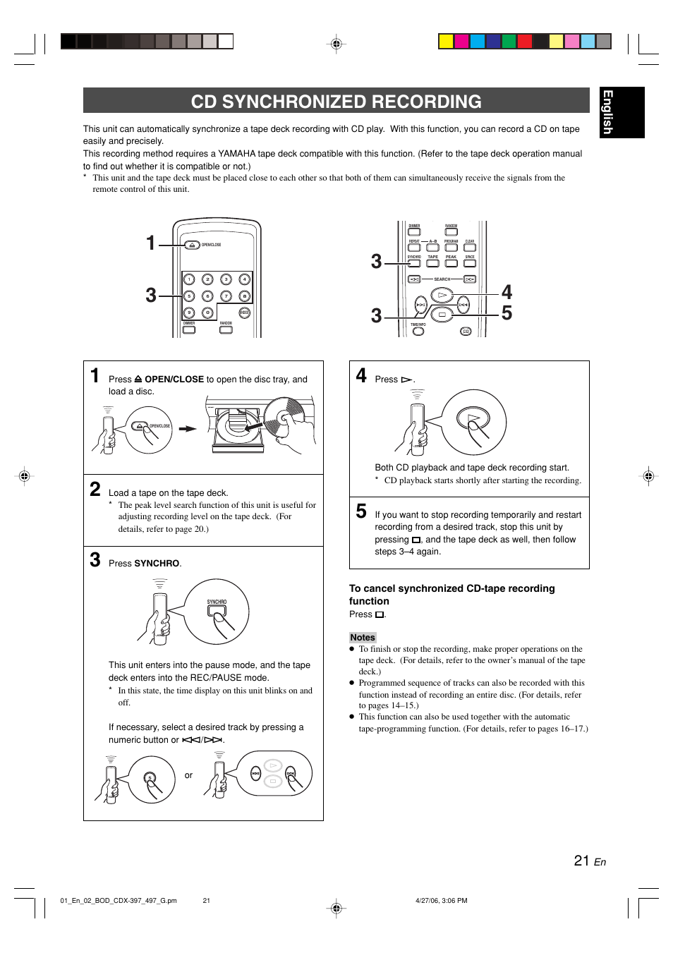 Cd synchronized recording, English | Yamaha CDX-497 User Manual | Page 23 / 228