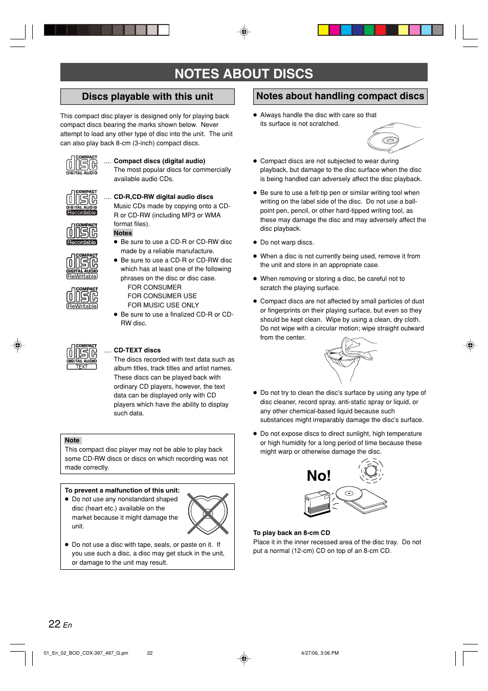 Notes about discs, Discs playable with this unit, Notes about handling compact discs | Yamaha CDX-497 User Manual | Page 24 / 228
