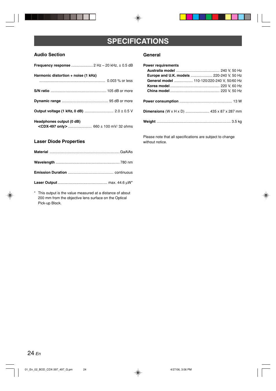 Specifications | Yamaha CDX-497 User Manual | Page 26 / 228