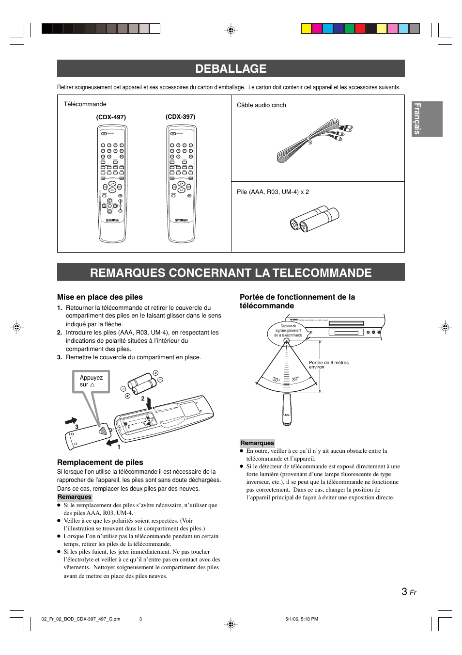 Deballage, Remarques concernant la telecommande, Deballage remarques concernant la telecommande | Français, Mise en place des piles, Remplacement de piles, Portée de fonctionnement de la télécommande, Cdx-397), Appuyez sur % (cdx-497) | Yamaha CDX-497 User Manual | Page 30 / 228