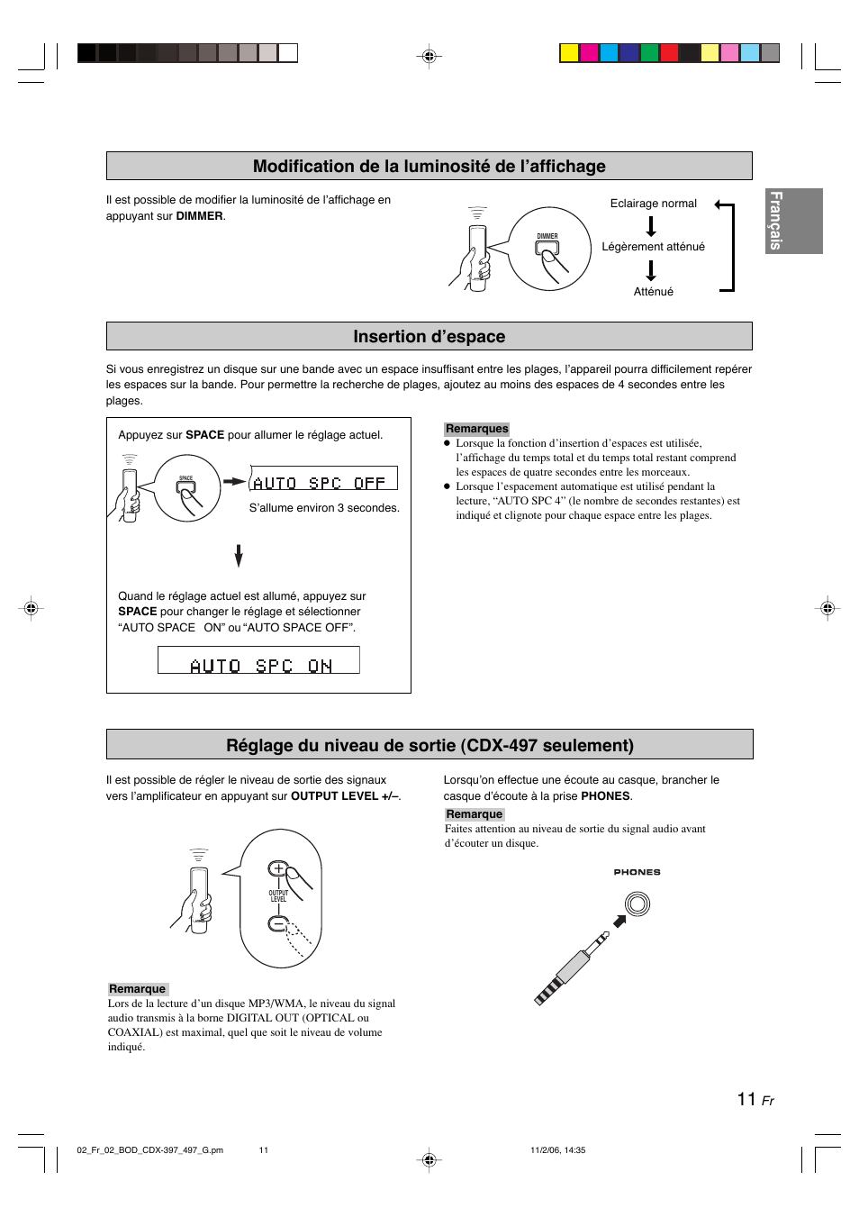 Modification de la luminosité de l’affichage, Insertion d’espace, Réglage du niveau de sortie (cdx-497 seulement) | Français | Yamaha CDX-497 User Manual | Page 38 / 228