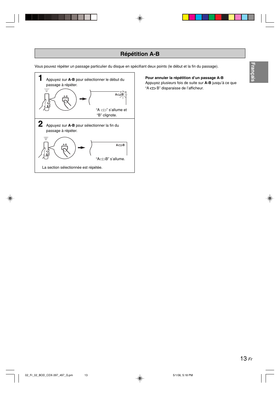 Répétition a-b, Français | Yamaha CDX-497 User Manual | Page 40 / 228