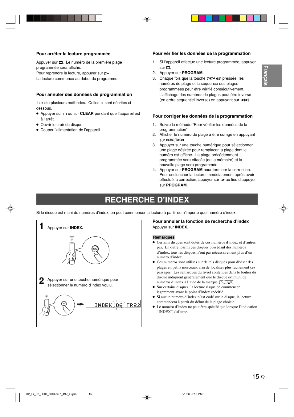 Recherche d’index, Français | Yamaha CDX-497 User Manual | Page 42 / 228