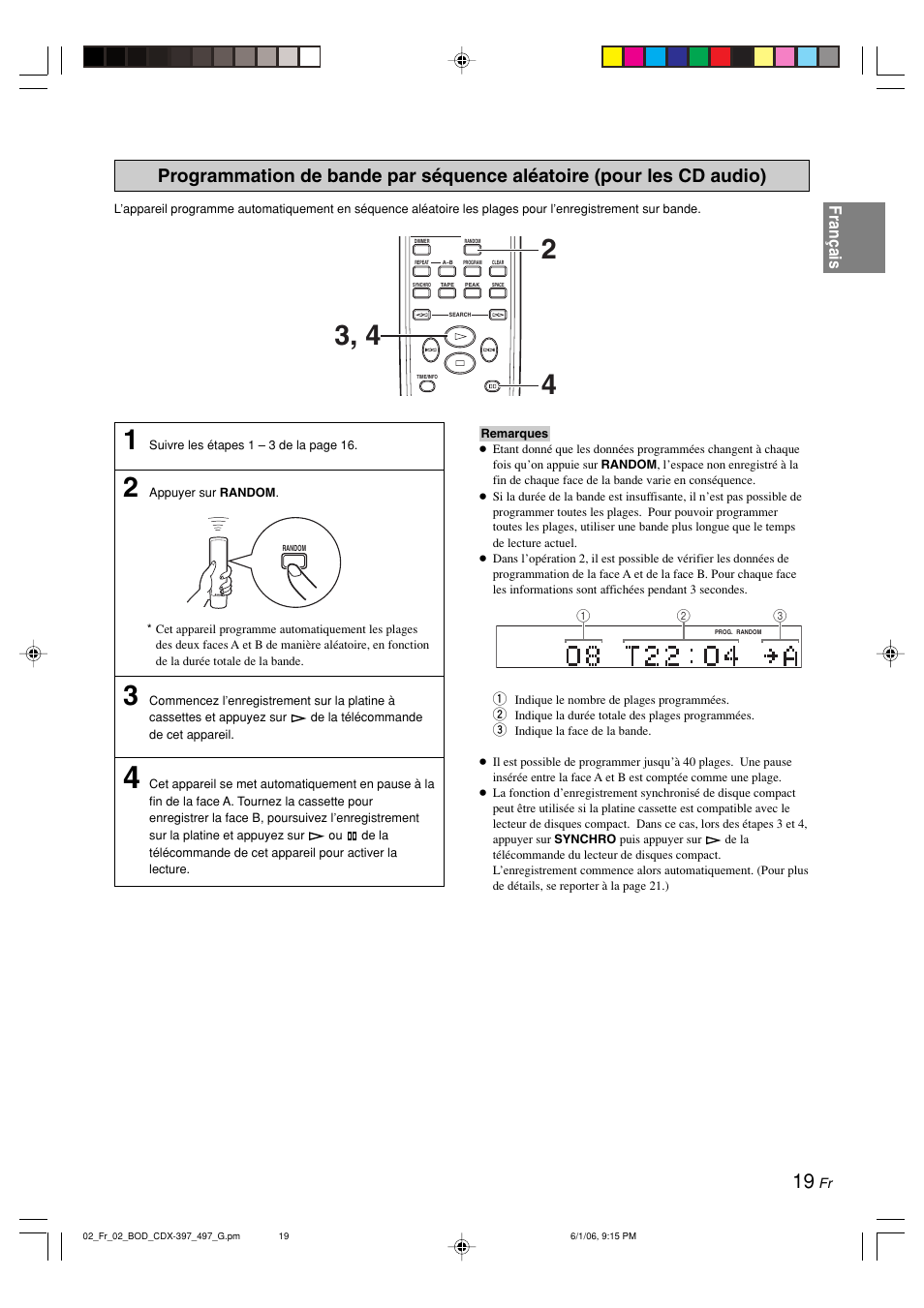 Programmation de bande par séquence aléatoire, Français | Yamaha CDX-497 User Manual | Page 46 / 228