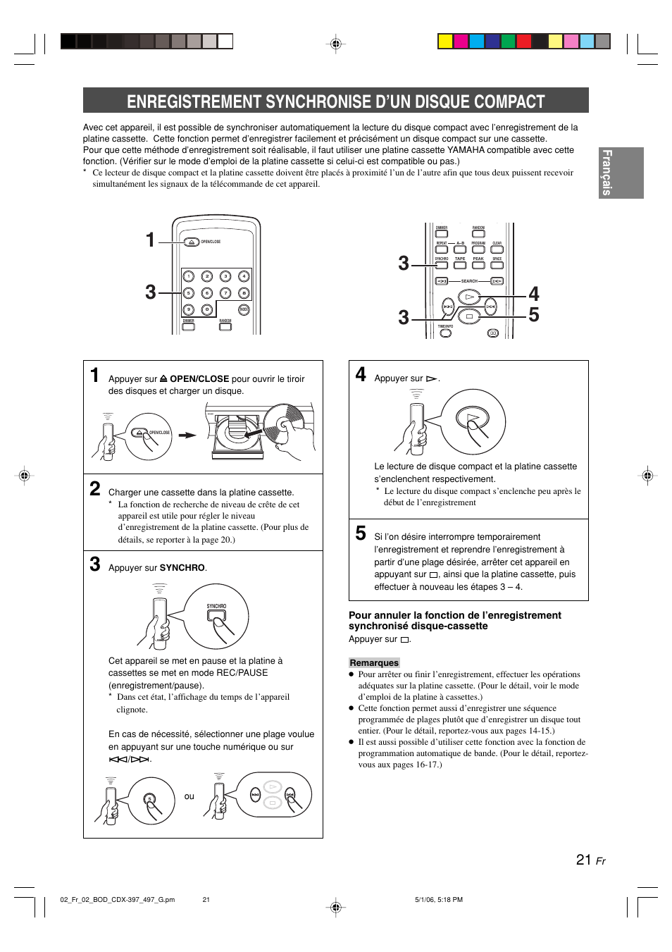 Enregistrement synchronise d’un disque compact, Français | Yamaha CDX-497 User Manual | Page 48 / 228