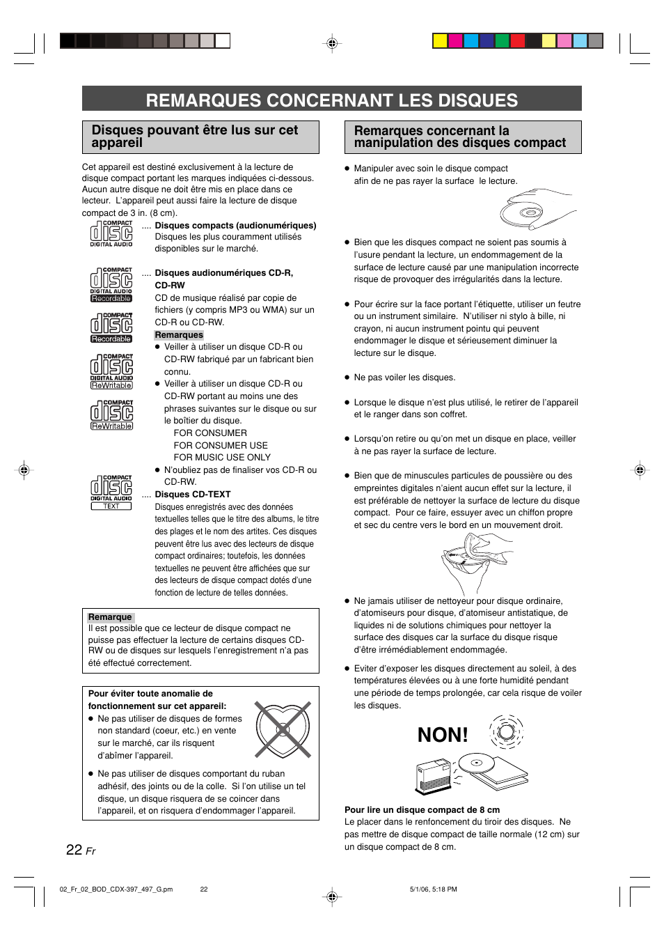 Remarques concernant les disques, Disques pouvant être lus sur cet appareil | Yamaha CDX-497 User Manual | Page 49 / 228