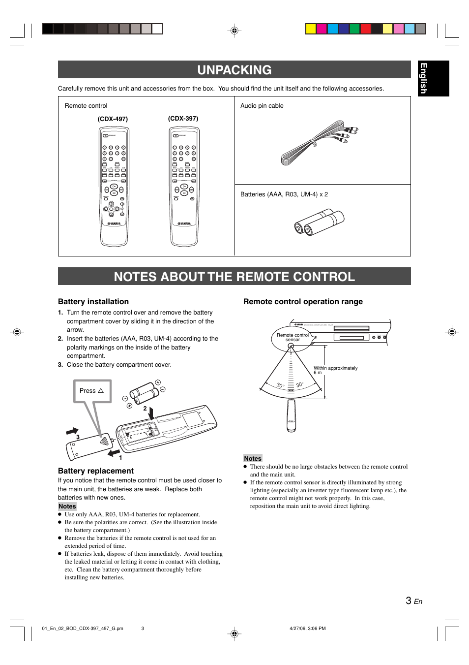 Unpacking, Notes about the remote control, English | Battery installation, Battery replacement, Remote control operation range, Cdx-397), Press, Cdx-497) | Yamaha CDX-497 User Manual | Page 5 / 228