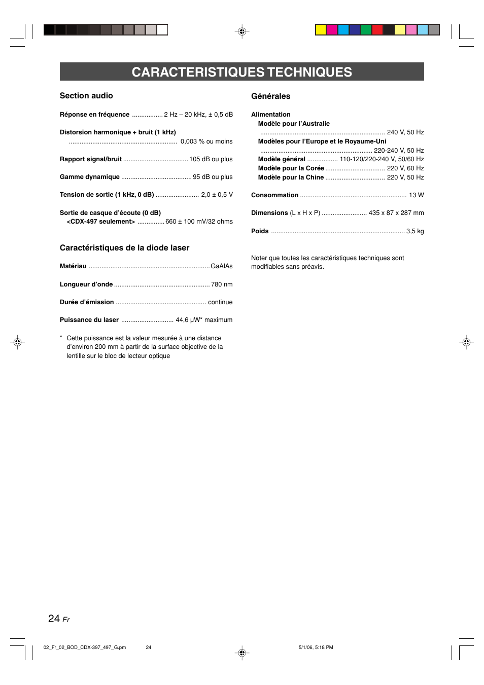 Caracteristiques techniques | Yamaha CDX-497 User Manual | Page 51 / 228