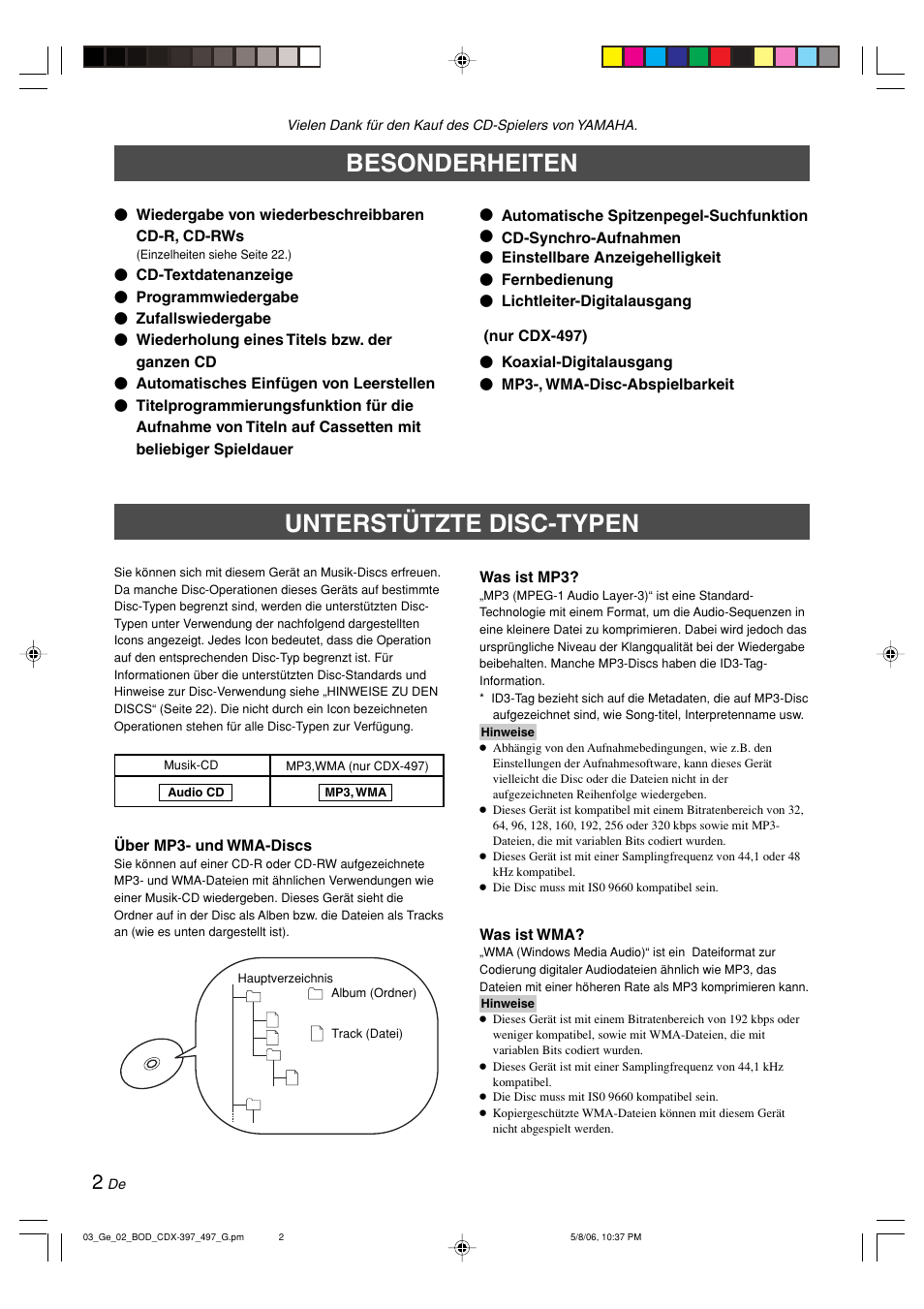 Besonderheiten, Unterstützte disc-typen | Yamaha CDX-497 User Manual | Page 54 / 228