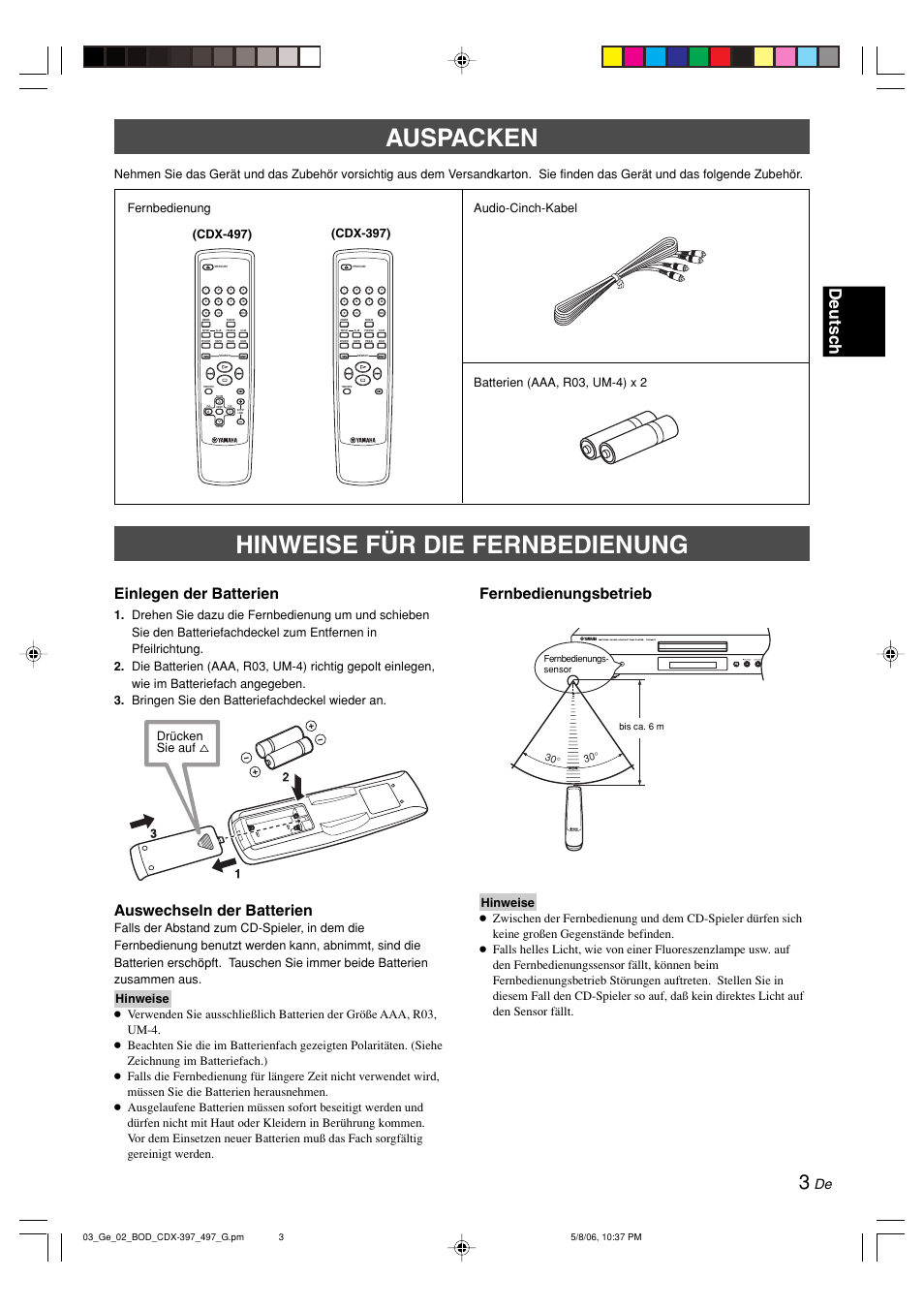 Auspacken, Hinweise für die fernbedienung, Auspacken hinweise für die fernbedienung | Deutsc h, Einlegen der batterien, Auswechseln der batterien, Fernbedienungsbetrieb, Cdx-397), Drücken sie auf % (cdx-497) | Yamaha CDX-497 User Manual | Page 55 / 228