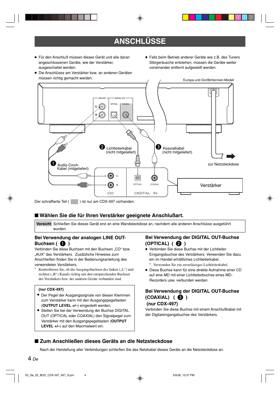 Anschlüsse, Zum anschließen dieses geräts an die netzsteckdose | Yamaha CDX-497 User Manual | Page 56 / 228