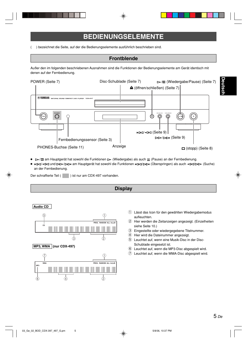 Bedienungselemente, Frontblende, Display | Frontblende display, Deutsc h | Yamaha CDX-497 User Manual | Page 57 / 228