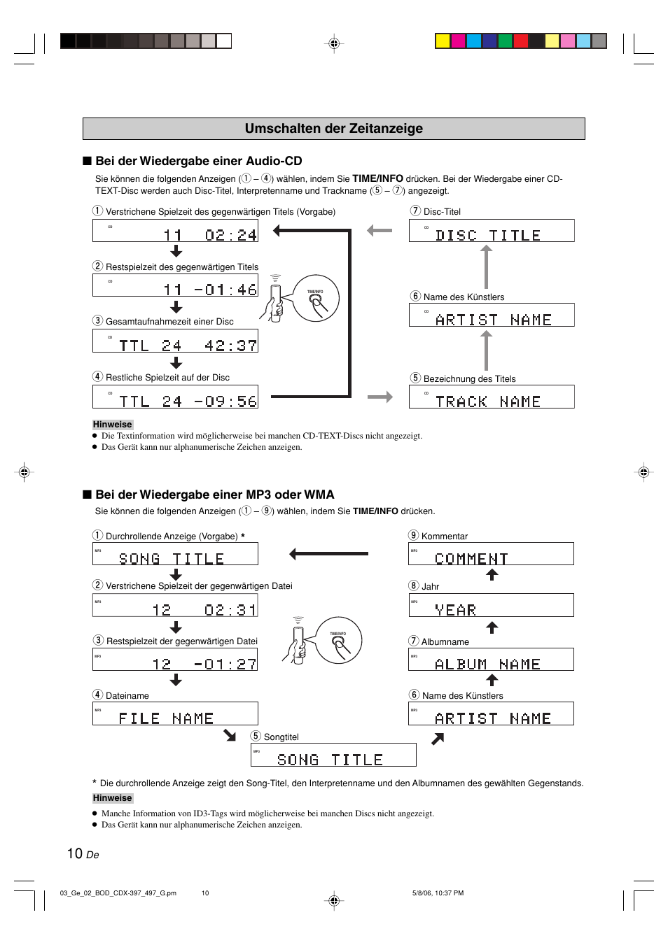 Umschalten der zeitanzeige | Yamaha CDX-497 User Manual | Page 62 / 228