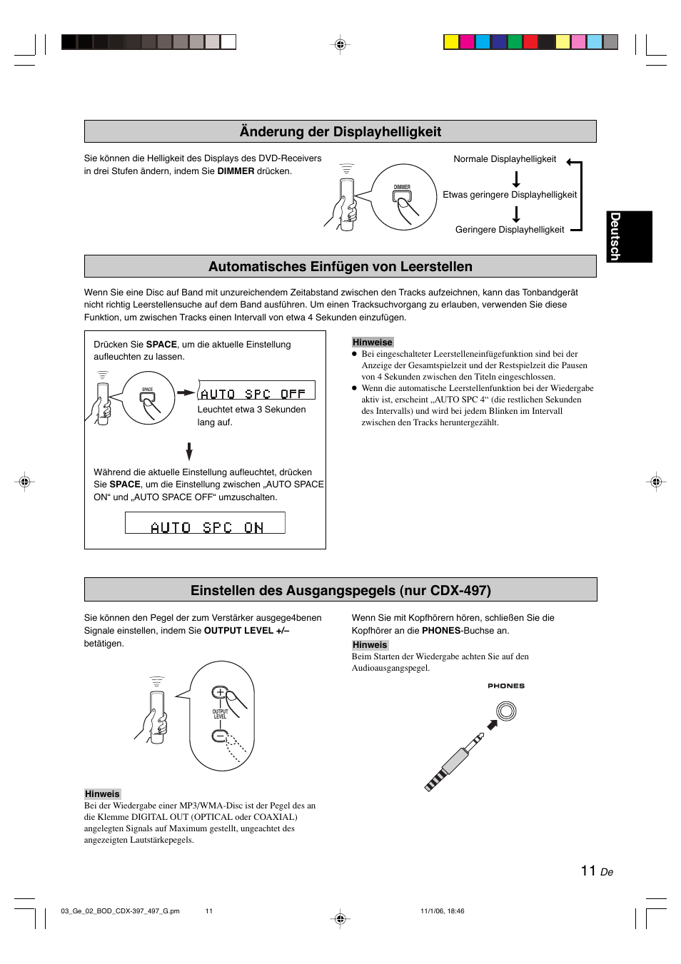 Änderung der displayhelligkeit, Automatisches einfügen von leerstellen, Einstellen des ausgangspegels (nur cdx-497) | Deutsch | Yamaha CDX-497 User Manual | Page 63 / 228