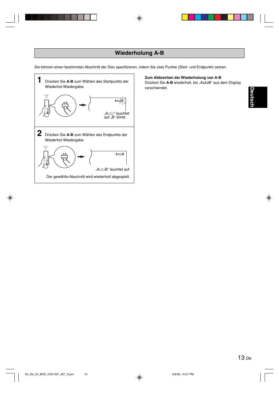 Wiederholung a-b, Deutsc h | Yamaha CDX-497 User Manual | Page 65 / 228