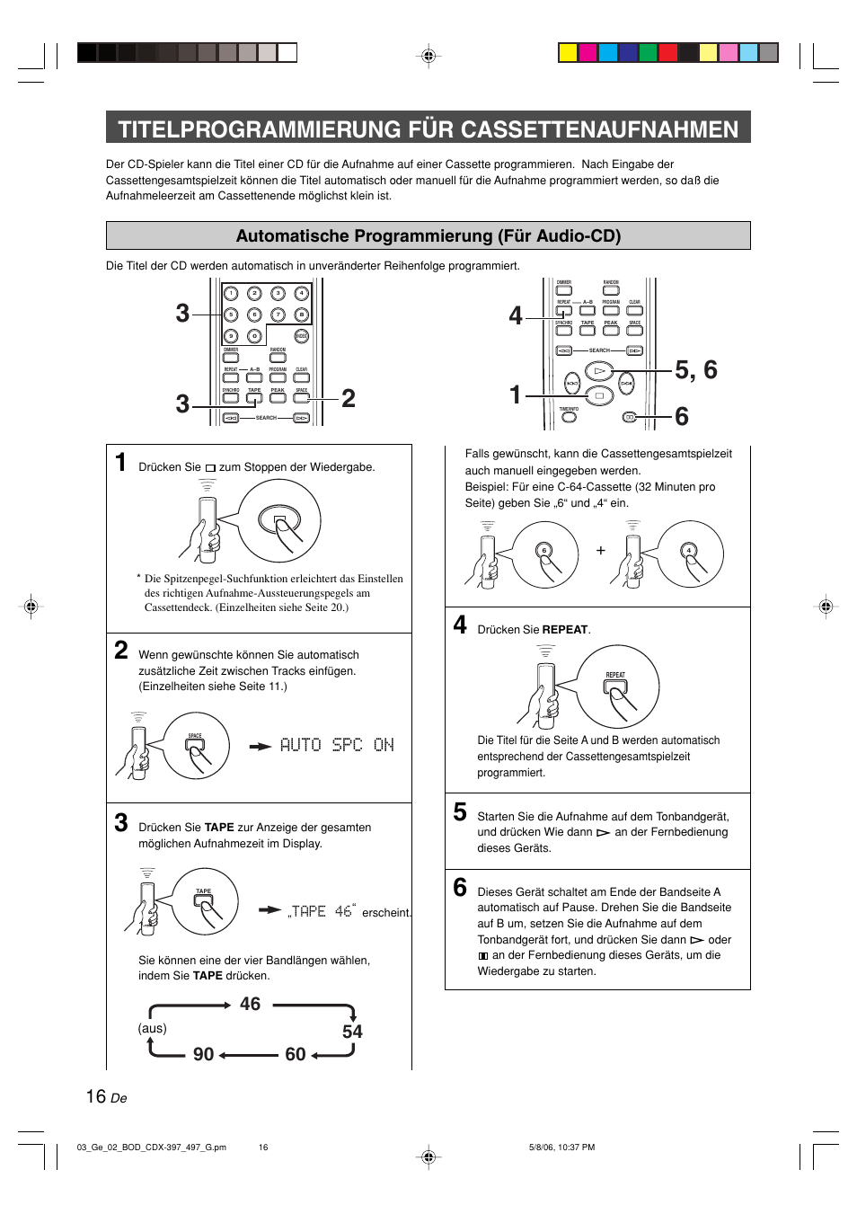 Titelprogrammierung für cassettenaufnahmen, Automatische programmierung (für audio-cd), Tape 46 | Yamaha CDX-497 User Manual | Page 68 / 228