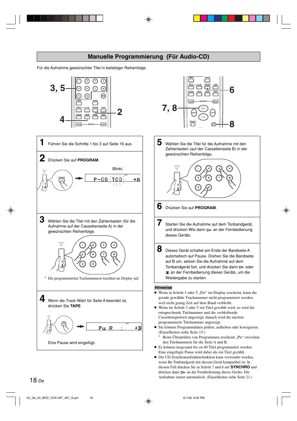 Manuelle programmierung, Manuelle programmierung (für audio-cd) | Yamaha CDX-497 User Manual | Page 70 / 228