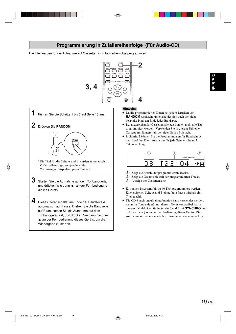 Programmierung in zufallsreihenfolge, Deutsc h | Yamaha CDX-497 User Manual | Page 71 / 228